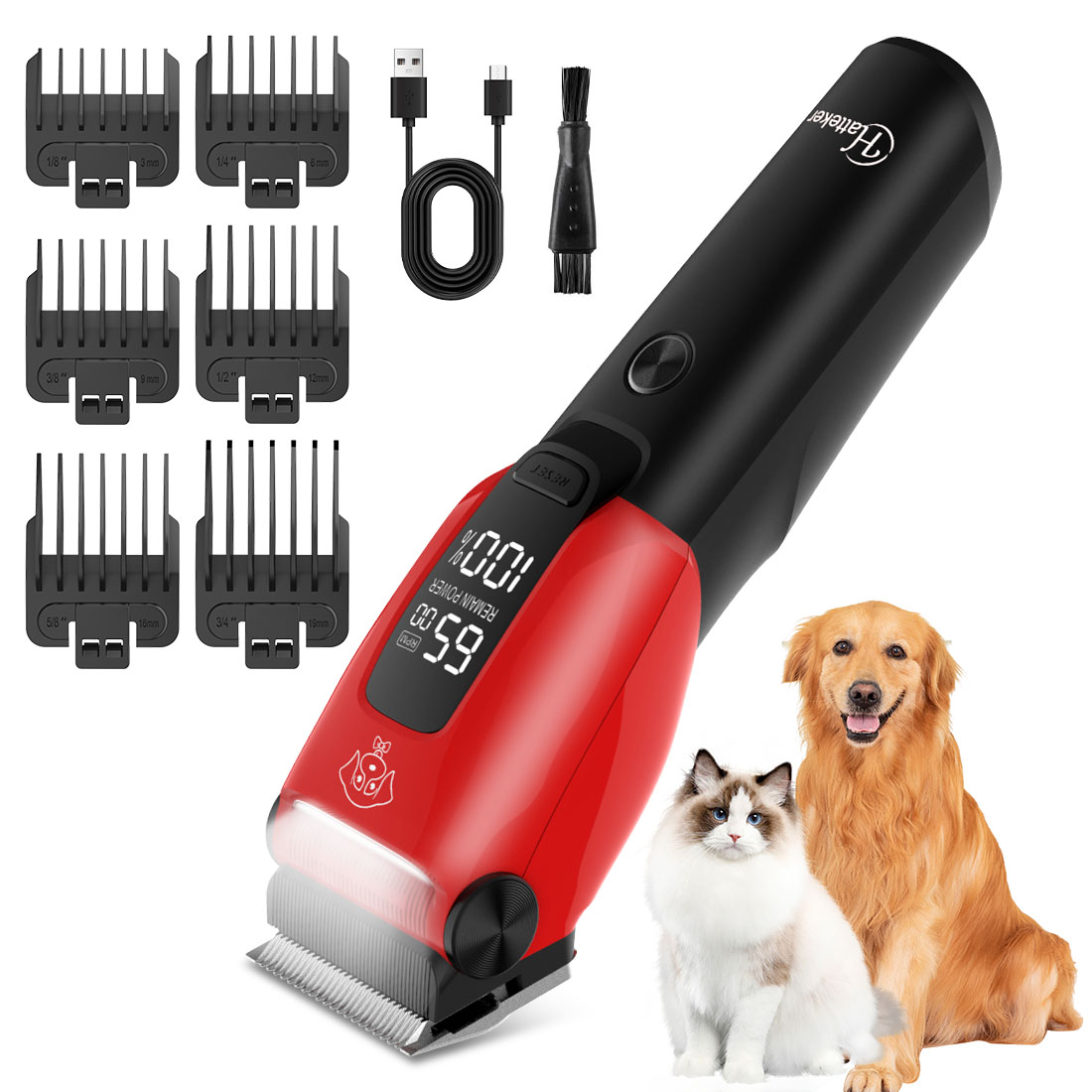 Hair Clipper Professional - เครื่องตัดขนสัตว์เลี้ยงไฟฟ้า Hatteker สำหรับสุนัขและแมว ชุดอุปกรณ์ตัดแต่งขนสัตว์เลี้ยงแบบมืออาชีพ พร้อมใบมีดปรับระดับได้