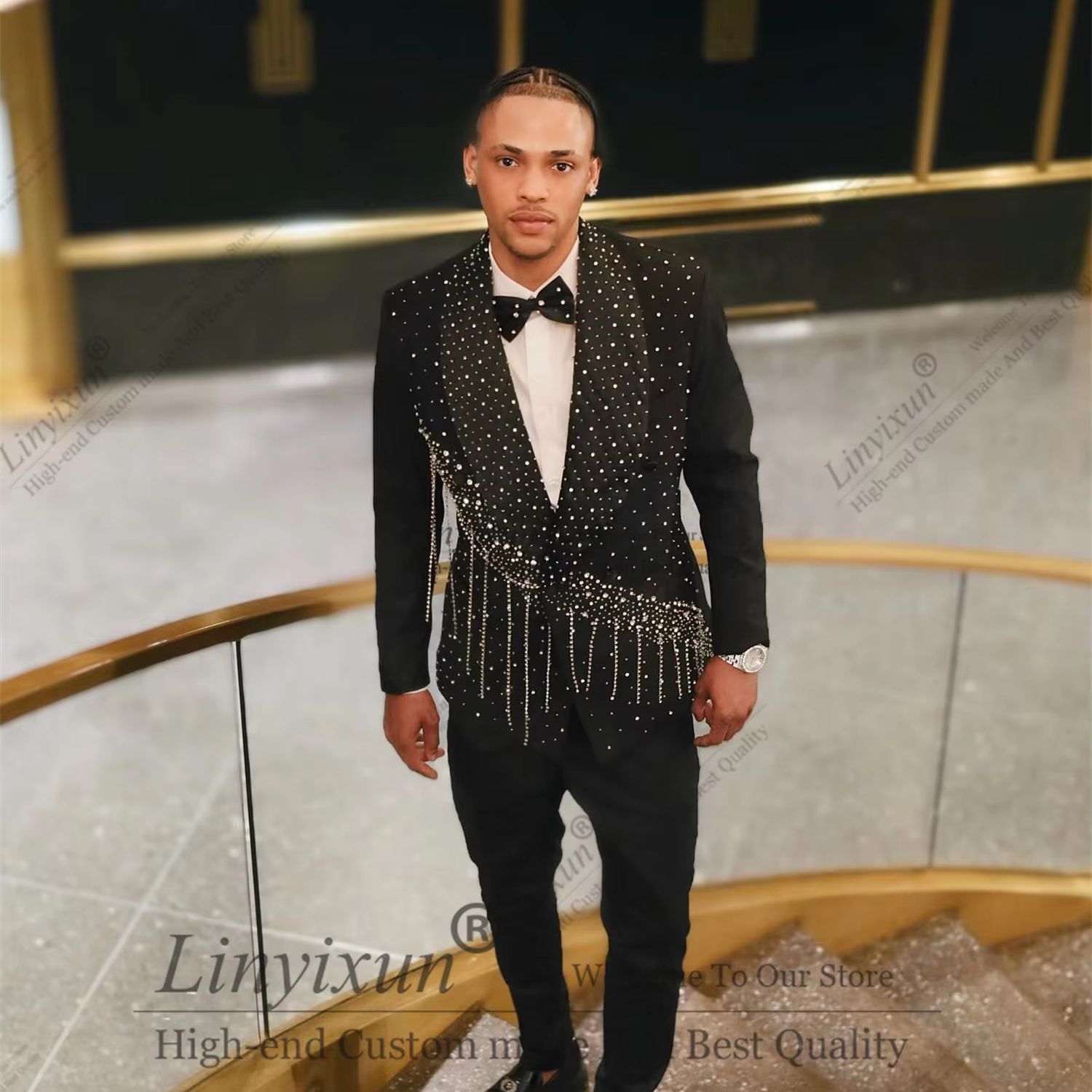 Young Men'S Grooming - ชุดแต่งงานแฟชั่นสำหรับผู้ชาย เสื้อแจ็คเก็ตประดับเพชรระยิบระยับพร้อมกางเกง ชุด 2 ชิ้น ชุดทักซิโด้สำหรับเจ้าบ่าว