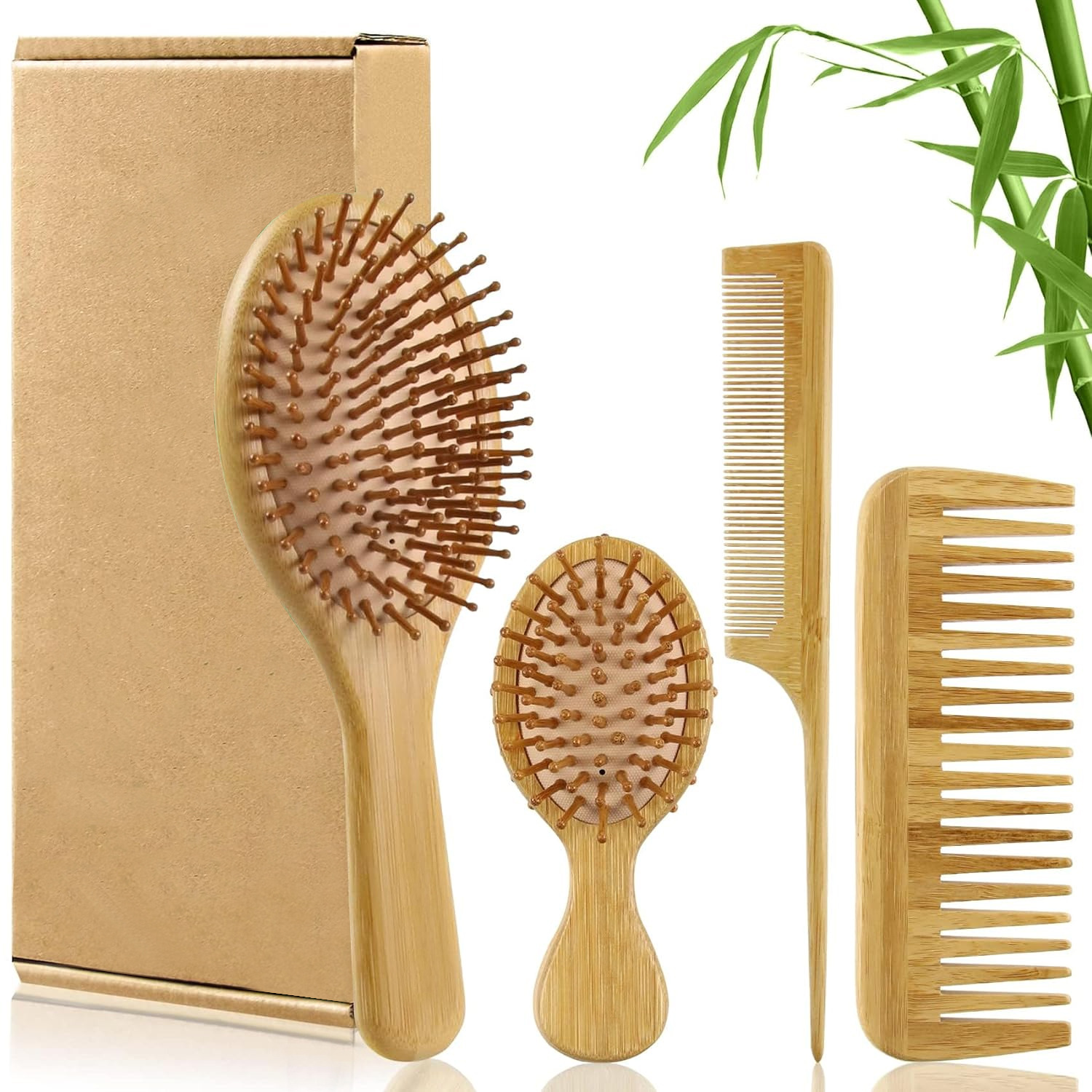 Men'S Grooming Brush - ชุดหวีแปรงผมไม้ไผ่สำหรับผู้หญิงและผู้ชาย, หวีไม้ซี่ห่างและหวีปลายแหลม - แปรงหวีผมแบบแบนสำหรับผมเปียก ผมแห้ง และผมหยิก